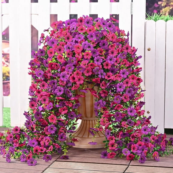 Waipfaru Artificial Hanging Flowers for Outdoors Spring Summer Decoration,2 Pcs UV Resistant Faux Silk Violet Fake Flowers for Garden Porch Window Home Decor(Purple&Rose Red)
