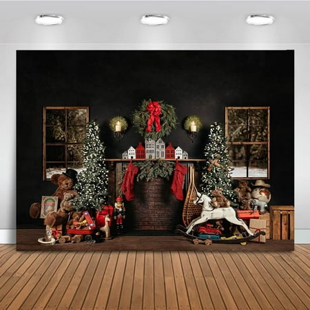 Image of Christmas Black Wall Photography Backdrop Fireplace Red Socks Background Christmas Tree Gift Toys Children Kids Portrait Backdrop Photo Booth Props (7x5ft)