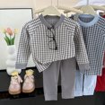 thumbnail image 2 of Faraee Toddler Baby 2 Piece Outfit Set Plaid Long Sleeve Crew Neck Top Solid Color Long Pants Soft Knit Loungewear for Boys Girls 6‑12 Months to 6‑7 Years, 2 of 5