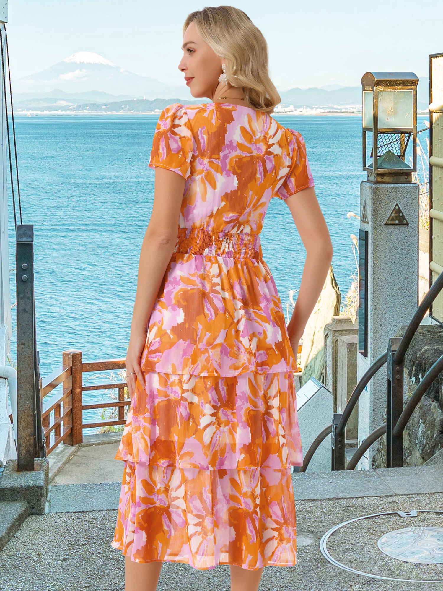 DARING DIVA Floral V Neck Short Sleeve Ruffle Tiered Midi Dress S Orange