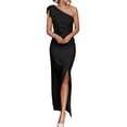 thumbnail image 1 of Vestido PRETTYGARDEN para mujer, maxi negro, un hombro con lazo y fruncido, talla XL, 1 of 8