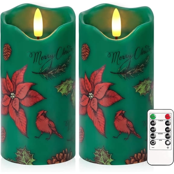Christmas Flameless Candles Set of 2, 6"x3" Poinsettia LED Candles with Remote & Timer, Flickering Real Wax Electric Pillar Candles Battery Operated, Green Candles Light for Home Christmas Decor