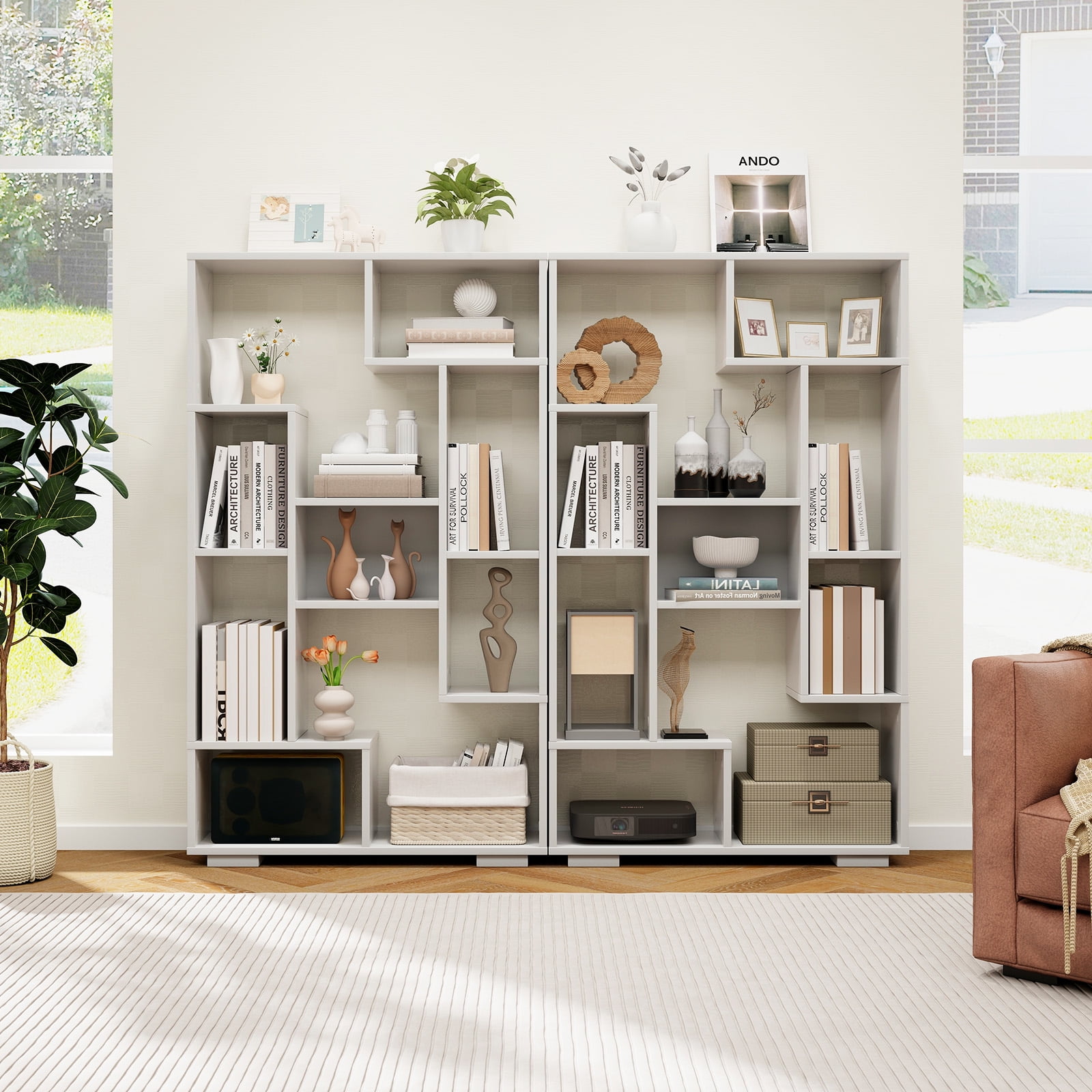 Giantex Geometric Bookshelf, 47 Inch Tall Bookcase w/Multiple Open Shelves, Freestanding 9 Cubes Bookshelf Storage Display, White