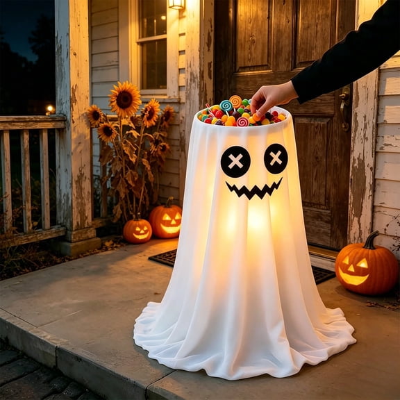 LOWLHOME Glowing Ghost Candy Holder Bowl Stand Decoration, DIY Spooky Ghosts with LED Lights, Cute Ghost Candy Holder for Front Door Porch Outdoor Indoor Decor, 30 in, 1 Count, White, E