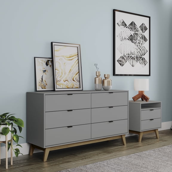 Kappesberg Hanford 2-Piece Bedroom Set – Gray Mid-Century 6-Drawer Dresser & 2-Drawer Nightstand with Shelf - for Adults and Teens