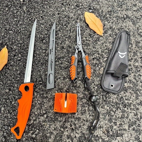 ATISEN Fishing Tool Set with 5.82-Inch Fillet Knife, 6.88-Inch Fishing Pliers, Sharpener & Protective Sheath, Orange/Black