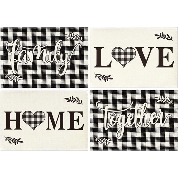 mubwai Love Family Together Home Buffalo Plaid Placemats for Dining Table, 12 x 18 Inch Holiday Vintage Thanksgiving Washable Table Mat Set of 4
