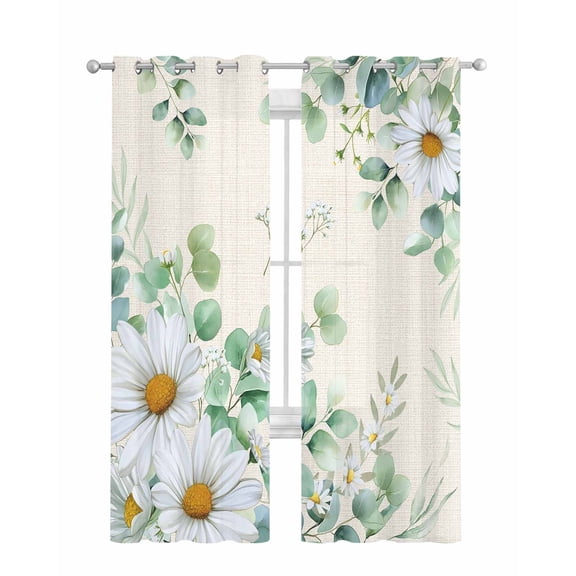 Spring Floral Sheer Curtains 63 Inch Length 2 Panels Set for Living Room/Bedroom, Daisy Eucalyptus Leaves Watercolor Rustic Kitchen Curtains Grommet Semi-Sheer Curtains Window Treatments 42"x63"x2