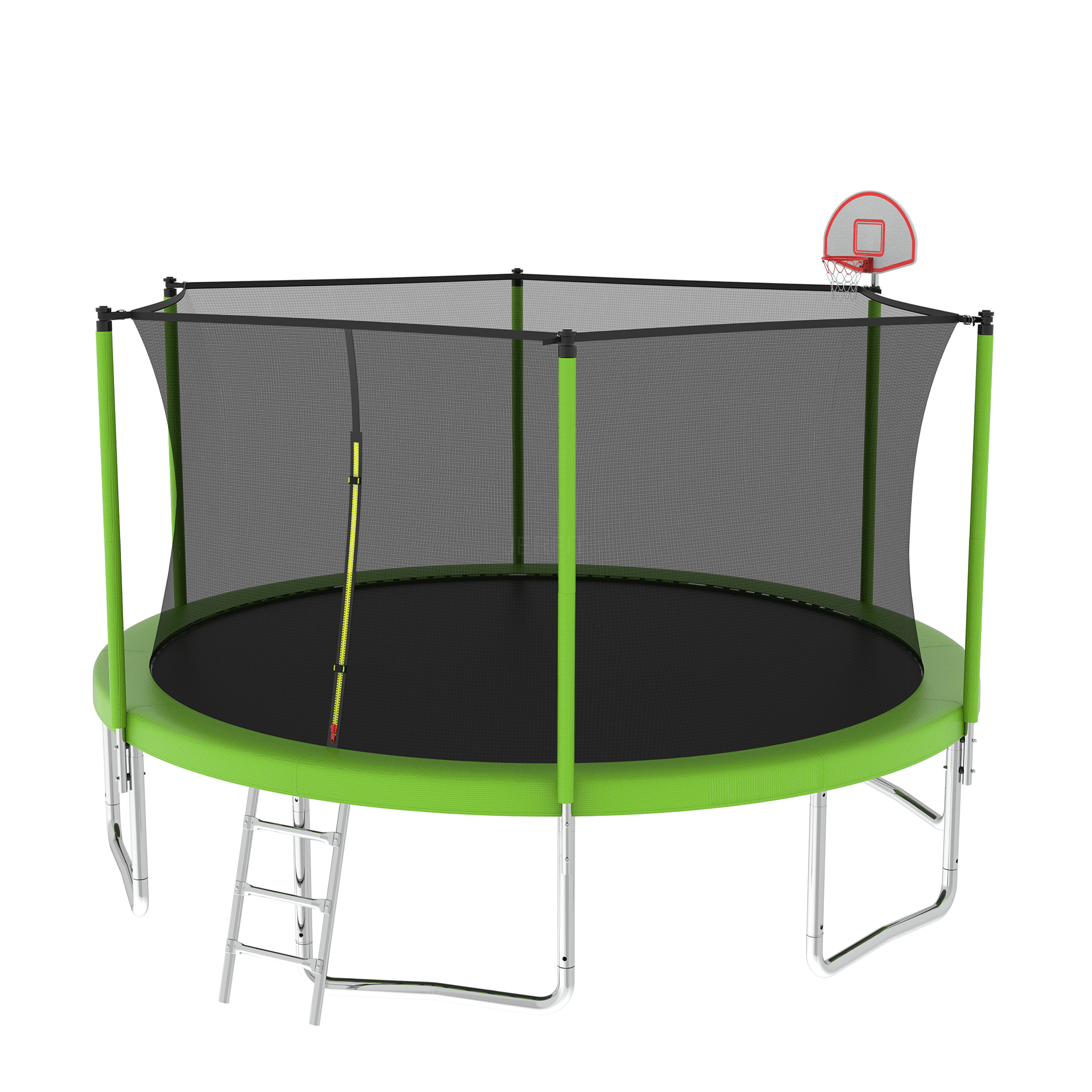 JERFIT 14FT Kids Trampoline with Safety Enclosure Net, Outdoor Large Jumping Mat for Backyard, Includes Basketball Hoop & Ladder, Green