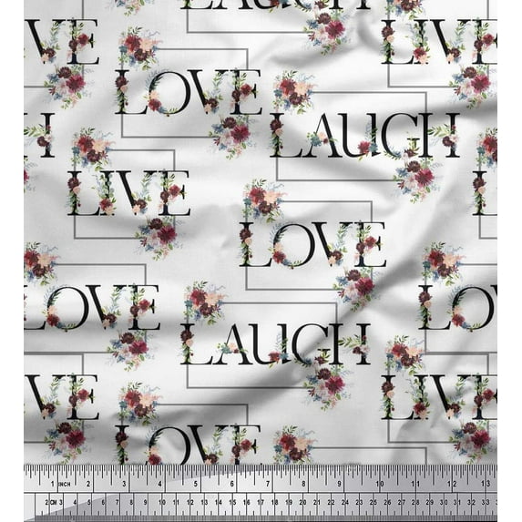 Soimoi White Heavy Canvas Fabric Floral Love Text Printed Craft Fabric by the Yard 58 Inch Wide