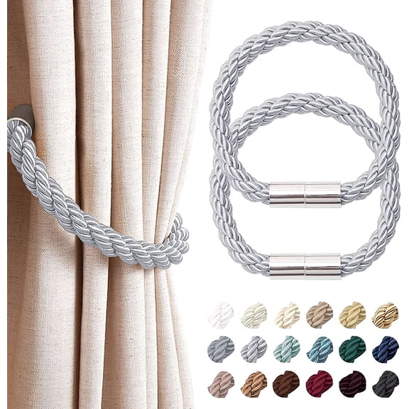 2 Pack Strong Magnetic Curtain Tiebacks Modern Simple Style Drape Tie Backs Convenient Decorative Weave Rope Curtain Holdback for Thin or Thick Home & Office Window Drapery (Light Grey)