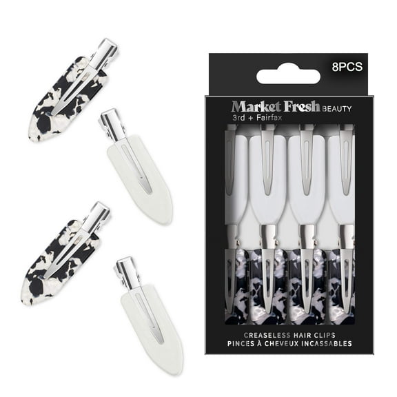 Market Fresh Beauty Creaseless Hair Clips, 8 Pack - No-Crease Hair Styling Clips for Sectioning, All Hair Types, Heat Styling  Makeup Application - White  Marble Clips, Non-Slip  Durable Design