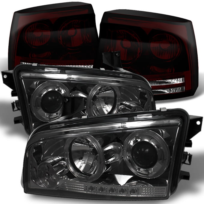 LED Tail Lights Dark Smoke 06-08 Dodge Charger BLack Halo Projector Headlights