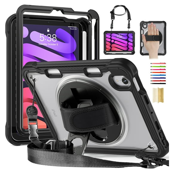 for iPad mini 6th Gen 8.3" 2021 Rugged Case, 360 Rotating Hand Strap Stand/Pencil Holder/Adjustable Crossbody Strap, [2 In 1] Protective for iPad mini 6th Gen 8.3" 2021, Black