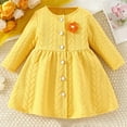 thumbnail image 2 of SERTG Kids Stylish Solid Color Cute Dress with Button Long Sleeve Round Neck Fall Winter Casual Comfortable Skirt for Children 1-7 Years(Yellow,12 Months), 2 of 8