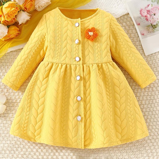 AherBiu Newborn Baby Girl Clothes Long Sleeve Dress Button down Crewneck Ribble Knitted Dress Fall Winter Warm Dress Solid Color