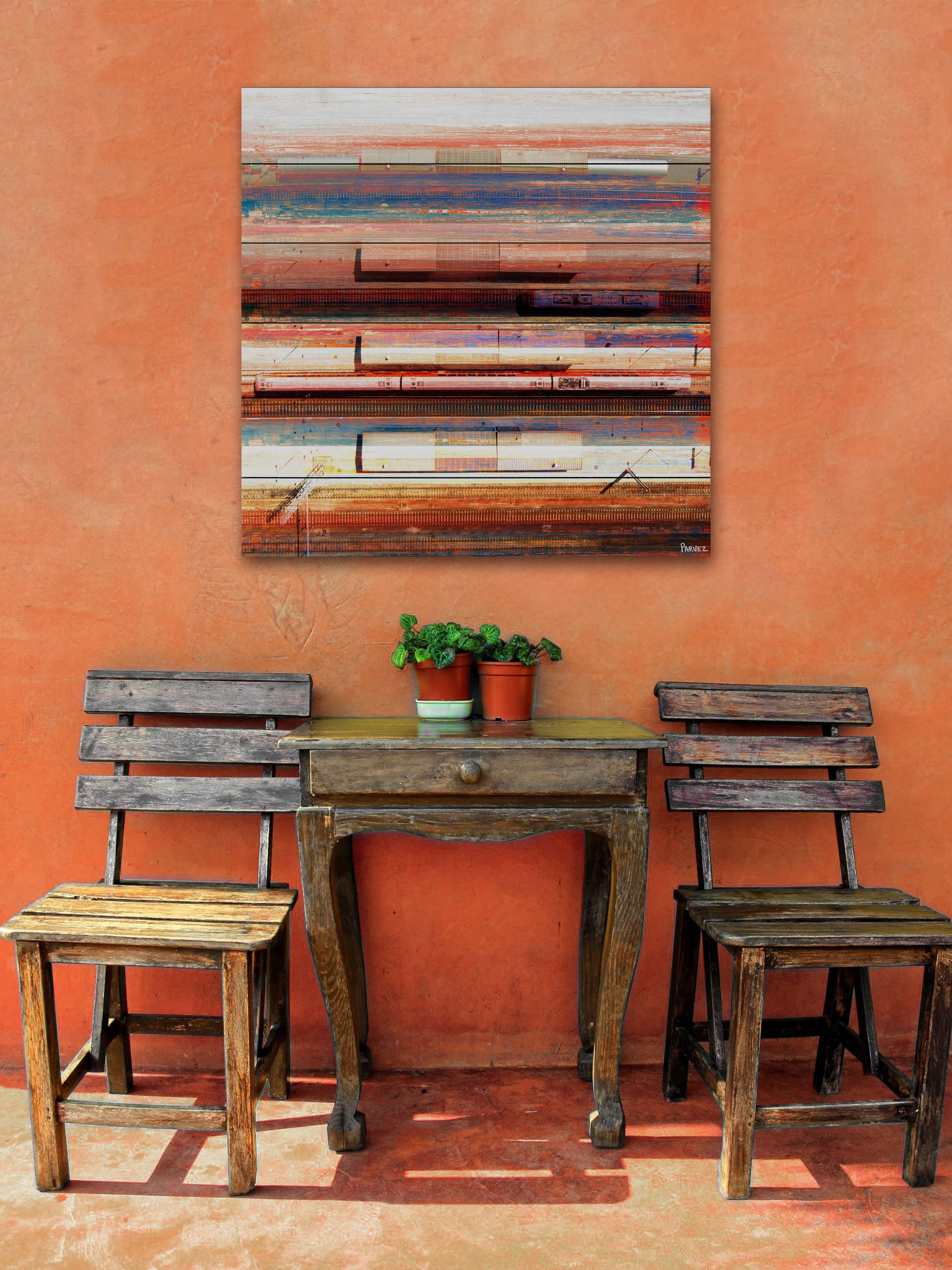 "Trains on Tracks" Painting Print on White Wood