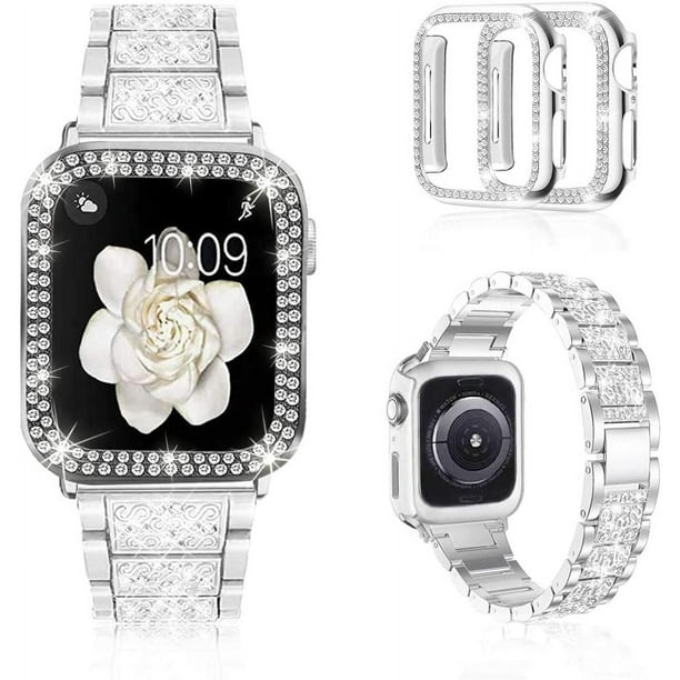 Compatible con Apple Watch Band de 40 mm con estuche para mujer, correa de pulsera de metal de repuesto para joyería con 2 paquetes de cubierta protectora de PC Bling para iWatch Series 6/5/4 (plateado) ER