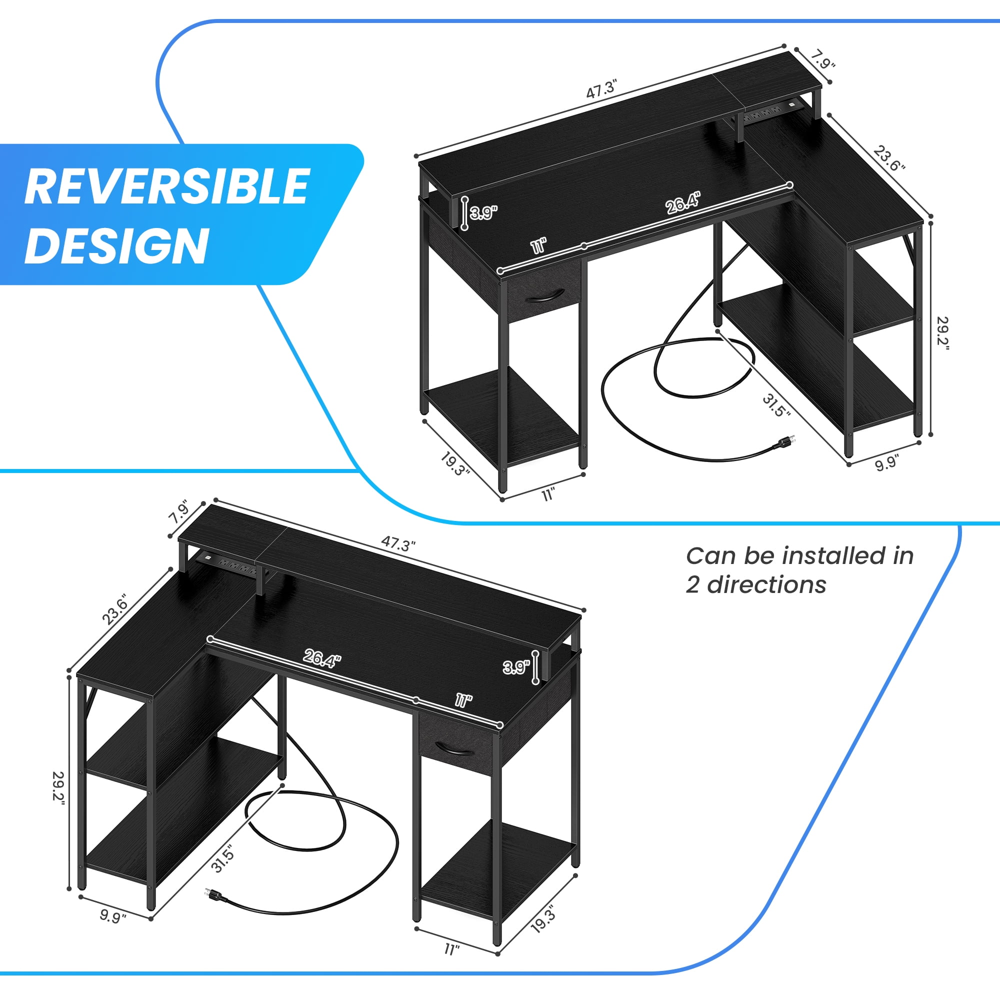 SUPERJARE L-Shaped Gaming Desk, LED Computer Desk with Power Outlets, Office Corner Desk with Drawer, Reversible L Shape Desk in Black