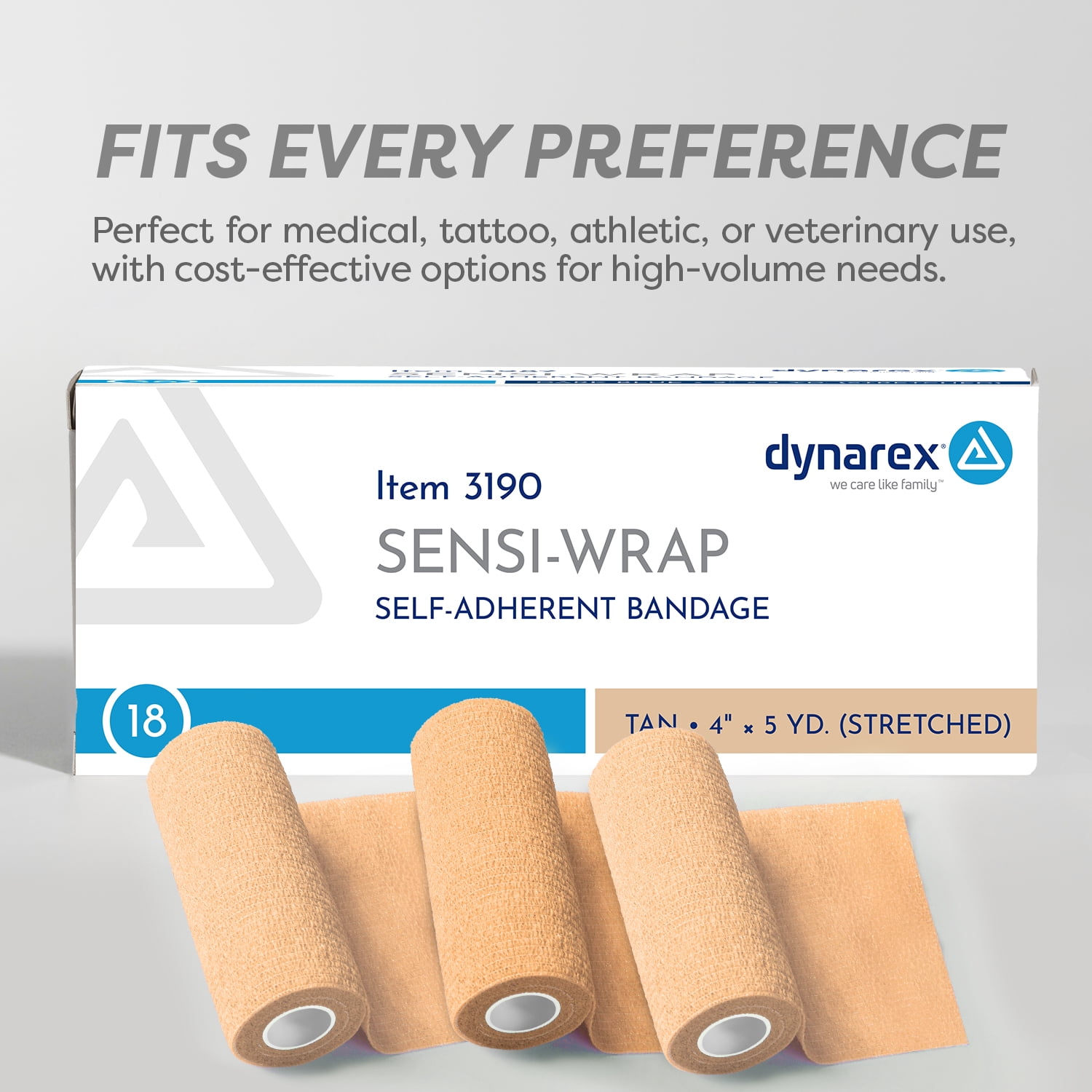 Dynarex Sensi-Wrap Self-Adhesive Bandages, 18-Pack, 4" x 5 yards, Tan, Latex-Free, Colored Elastic Cohesive Athletic Tape, Tattoo Grip & Vet Wrap