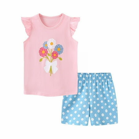 

Toddler Girls Summer Flower Printed T-Shirt Small Flying Sleeve Polka Dot Shorts 2PCS Set Casual Outing 2-7 Years Kids Child Clothing Streetwear Newborn Infant Dailywear Outwear
