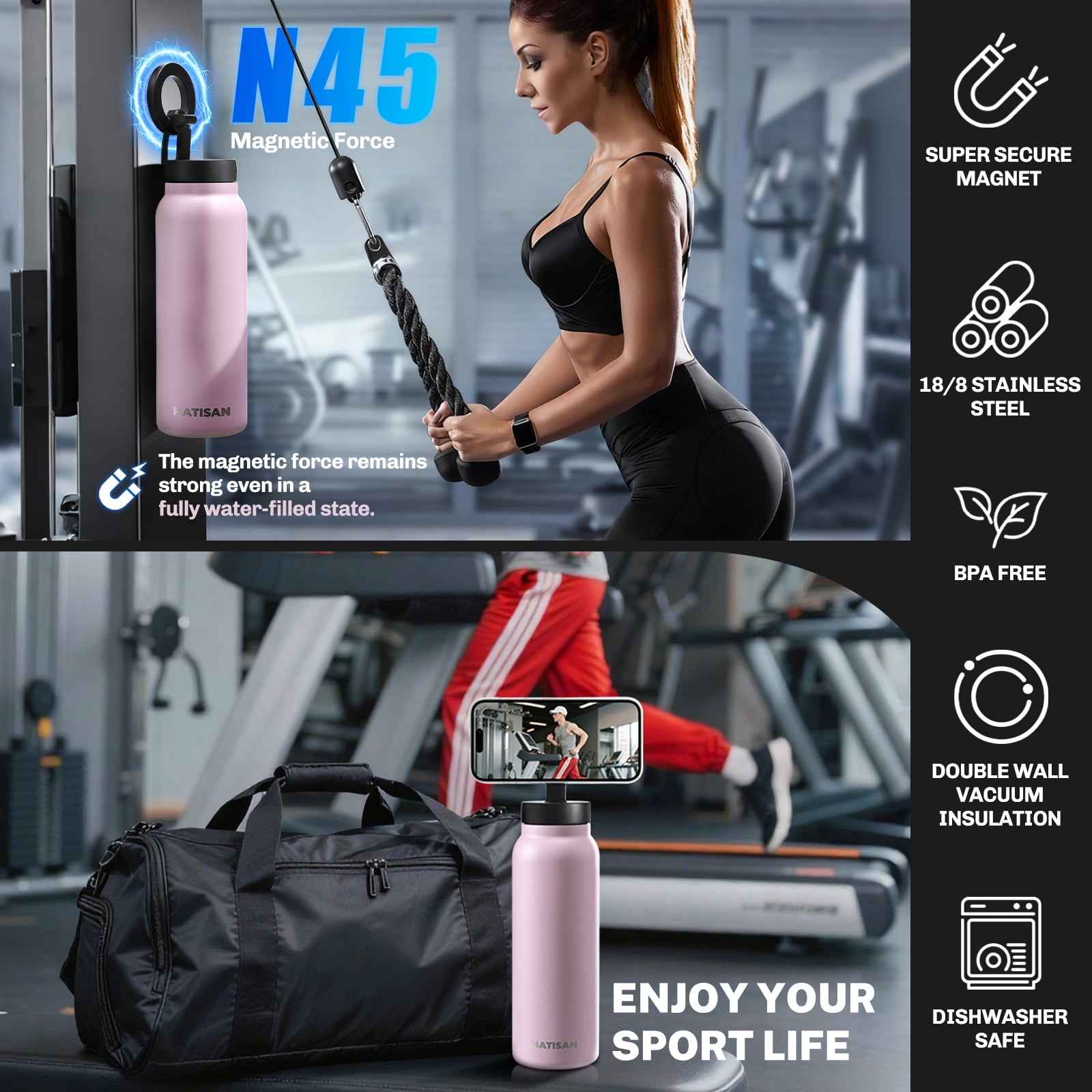 Hatisan 24 oz Insulated Water Bottle, Magnetic Stainless Steel Water Bottle, with Mobile Phone Holder Tripod, Hot for 12H, Cold for 24H(Purple)