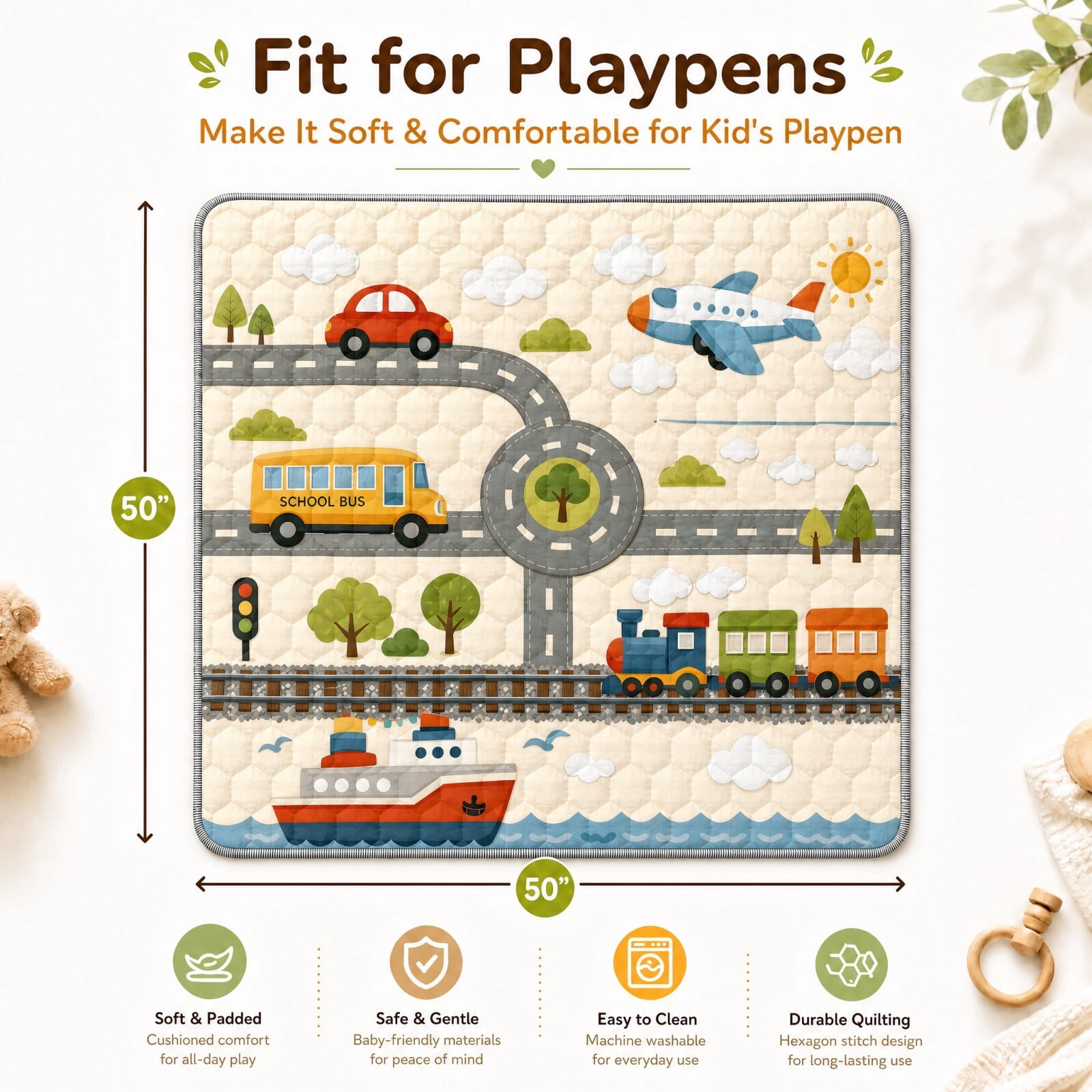 Easy4Home Large Baby Play Mat for Infants & Toddlers, 50"x50" Thick Cushioned Crawling Mat, Foldable Non-Slip Floor Playmat