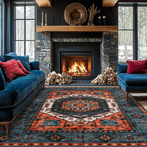 Sonoro Kate Alfombras de 8x10 para Salón Recámara, Alfombra de Piso Interior Boho Antideslizante Lavable a Máquina, Rojo-azul