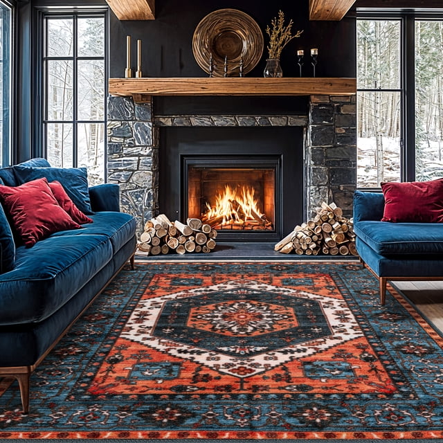 Sonoro Kate Alfombras de 8x10 para Salón Recámara, Alfombra de Piso Interior Boho Antideslizante Lavable a Máquina, Rojo-azul