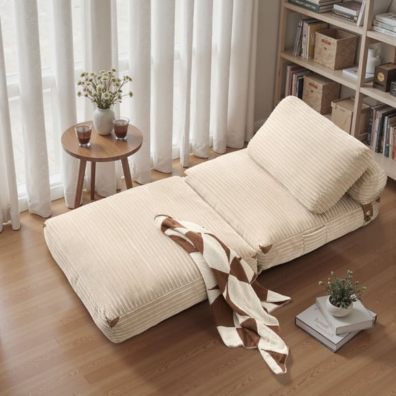 ODELIO Boneless Folding Sofa Bed Chair, Single Corduroy Convertible Sleeper Sofa with Pillow, 2-in-1 Foldable Floor Sofa with Back Support for Living Room & Bedroom, Beige