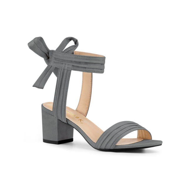 BLISSFUL STEP Women's Open Toe Ankle Tie Back Block Heels Sandals Grey (Size 9.5)