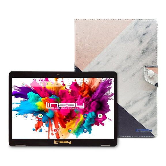 LINSAY 10.1" Octa Core 4GB RAM 128GB Storage Android 15 Tablet with case Black White Pink Marble, Pop Holder and Pen Stylus