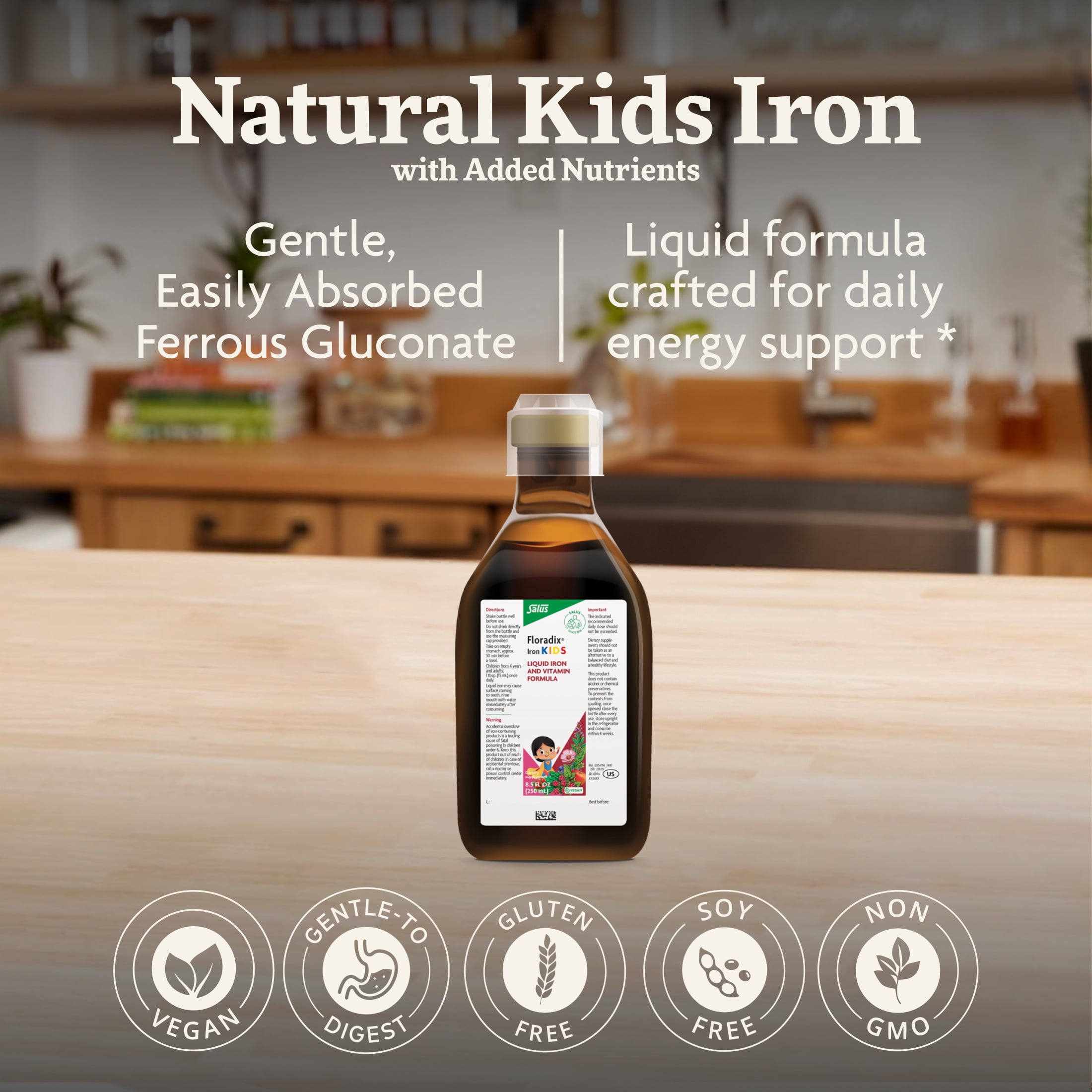 Floradix Iron Kids - Liquid Iron & Vitamin Formula - Children's Supplement with C & B Vitamins - Vegan - Raspberry-Vanilla Flavor - 8.5 fl oz