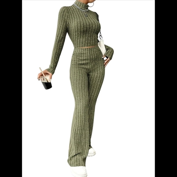 Conjunto de Pijama de Larga para Mujer, Conjunto de Pijama Informal de 2 Piezas, Ropa de Dormir de Otoño Verde S