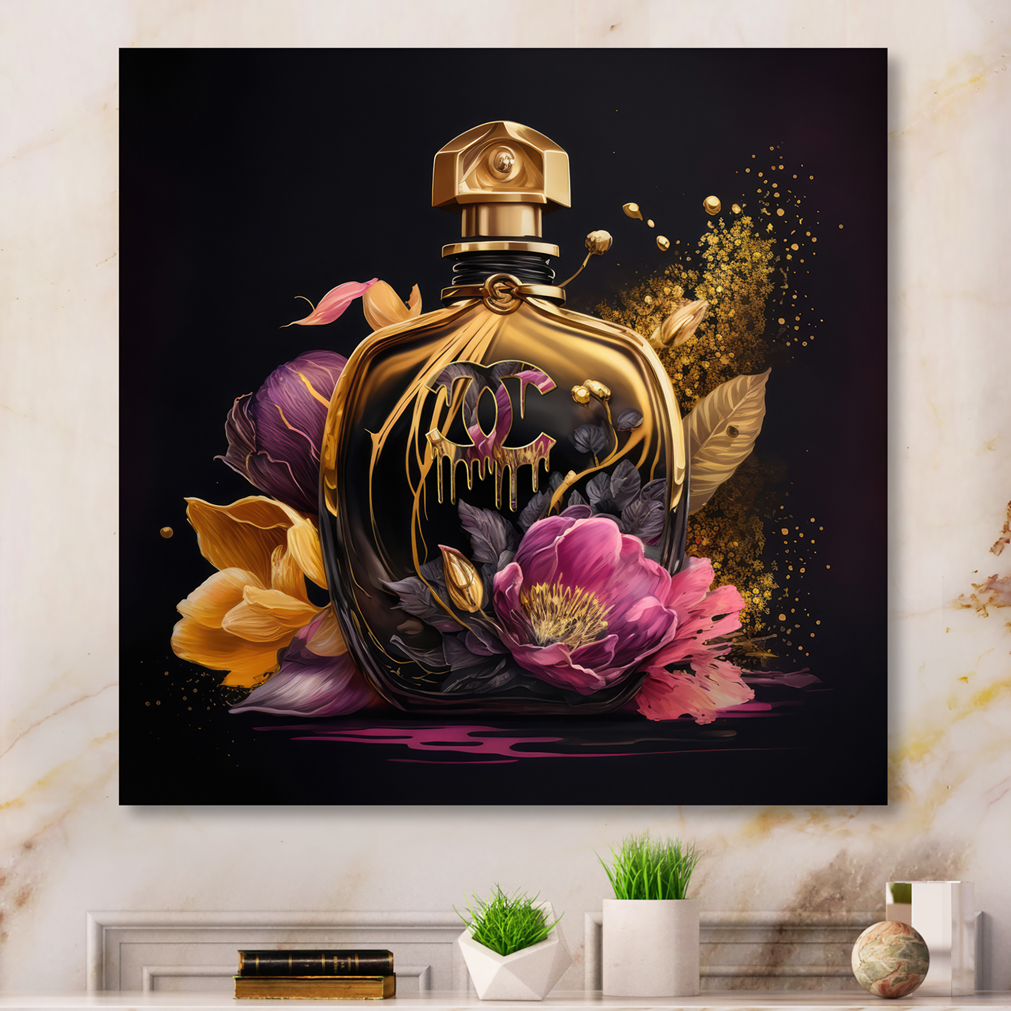 Designart Chic Black And Gold Perfume Bottle III Canvas Wall Art