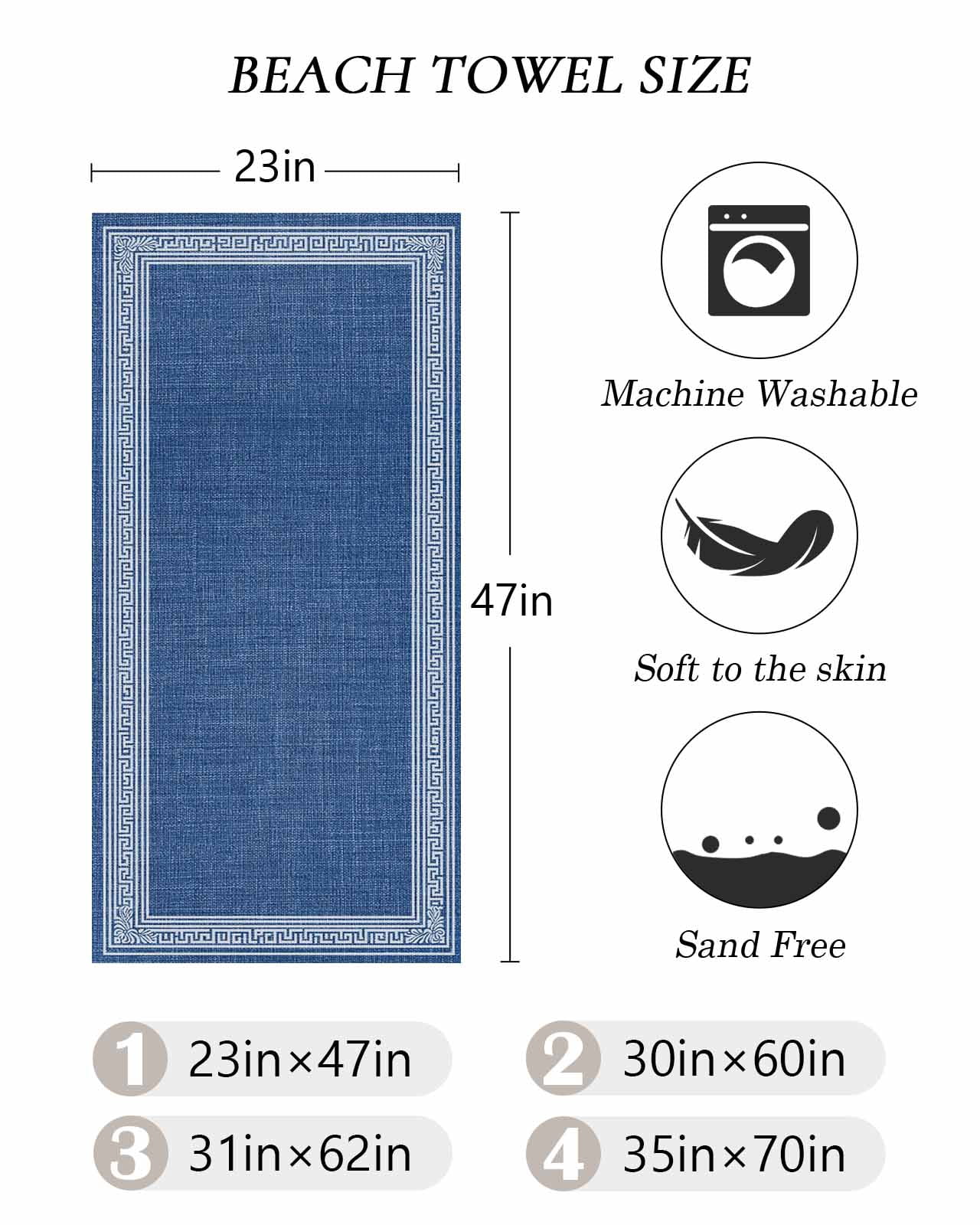 Dark Blue Retro Greek Key Beach Towels Oversized Super Absorbent, Geometric Greece Ancient Rustic Lightweight Bath Towel Quick Dry Sets For Bathroom/Pool/Rv Camping/Beach Play/Gym Room/Picnic 30"x60"
