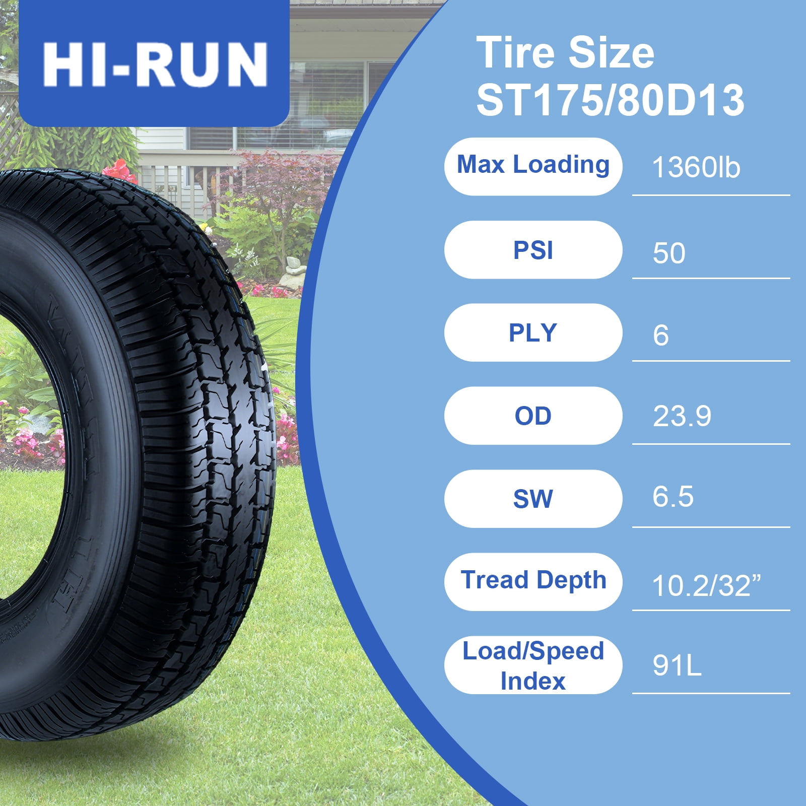 Hi-Run 2 Set H180 ST175/80D13 6PR 91L Trailer Tire and Galvanized 5-Lug 8 Spoke Wheel Assembly