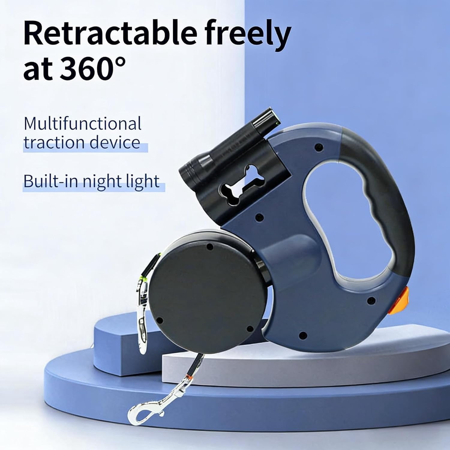 2026 New Dual Retractable Dog Leash with Light & Bring a Flashlight and a Stool Bag Holder | Tangle-Free 360° Swivel for 2 Dogs | Reflective & One-Hand Brake for Medium Small Pets