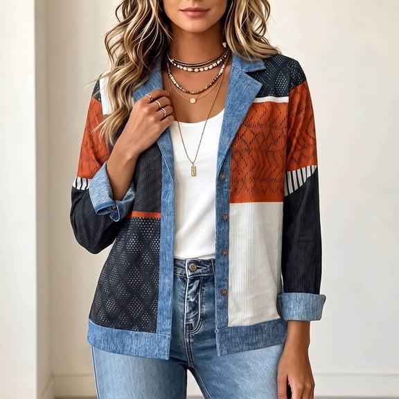 thefmos Women's Collared Button Front Long Sleeve Jacket Denim Color Block Patchwork Casual Outerwear Fashion Spring Fall Outfit, Black M