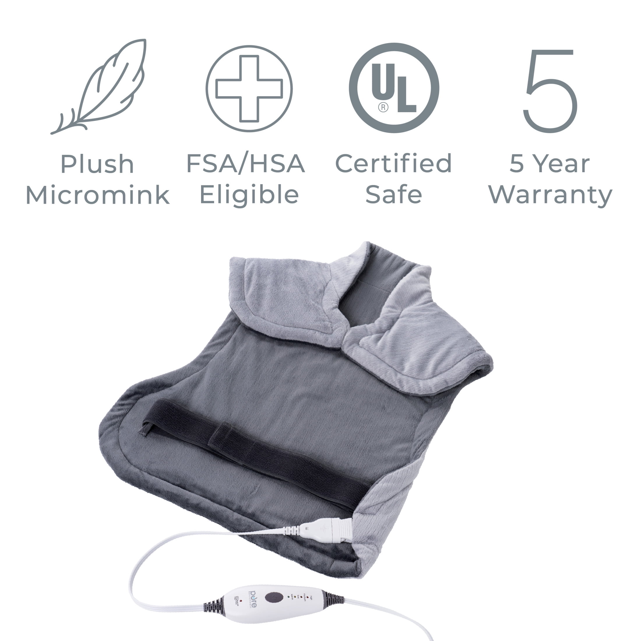 Pure Enrichment PureRelief XL Extra-Long Back & Neck Heating Pad, Safe Heat Therapy for Sore Muscles, & Pain in Neck, Back, & Shoulders, 4 Heat Settings w/ Auto Shut-Off, Soft Fabric (Gray)