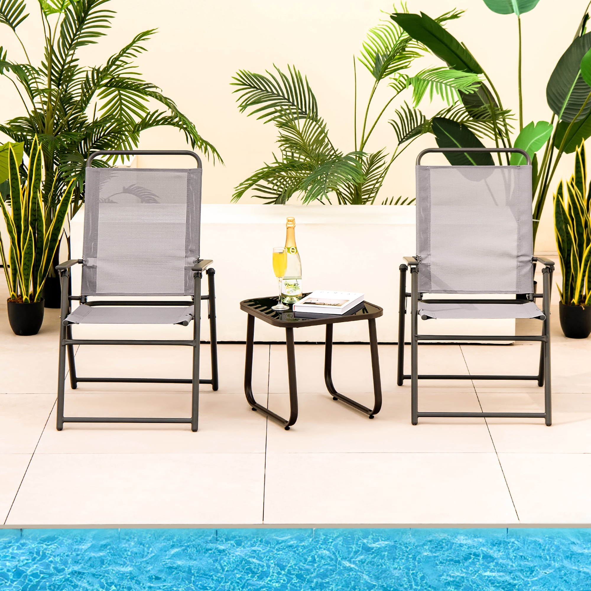 Gymax Set of 4 Folding Sling Chairs Portable chair w/ Dining Armrest Backrest Patio