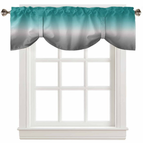 Fsddascl Teal Grey Ombre Tie Up Valance Curtains for Windows, Kitchen Curtains Window Treatments, Turquoise Gradient Modern Abstract Art Short Window Shades Valances for Bedroom Bathroom Cafe 42"x12"