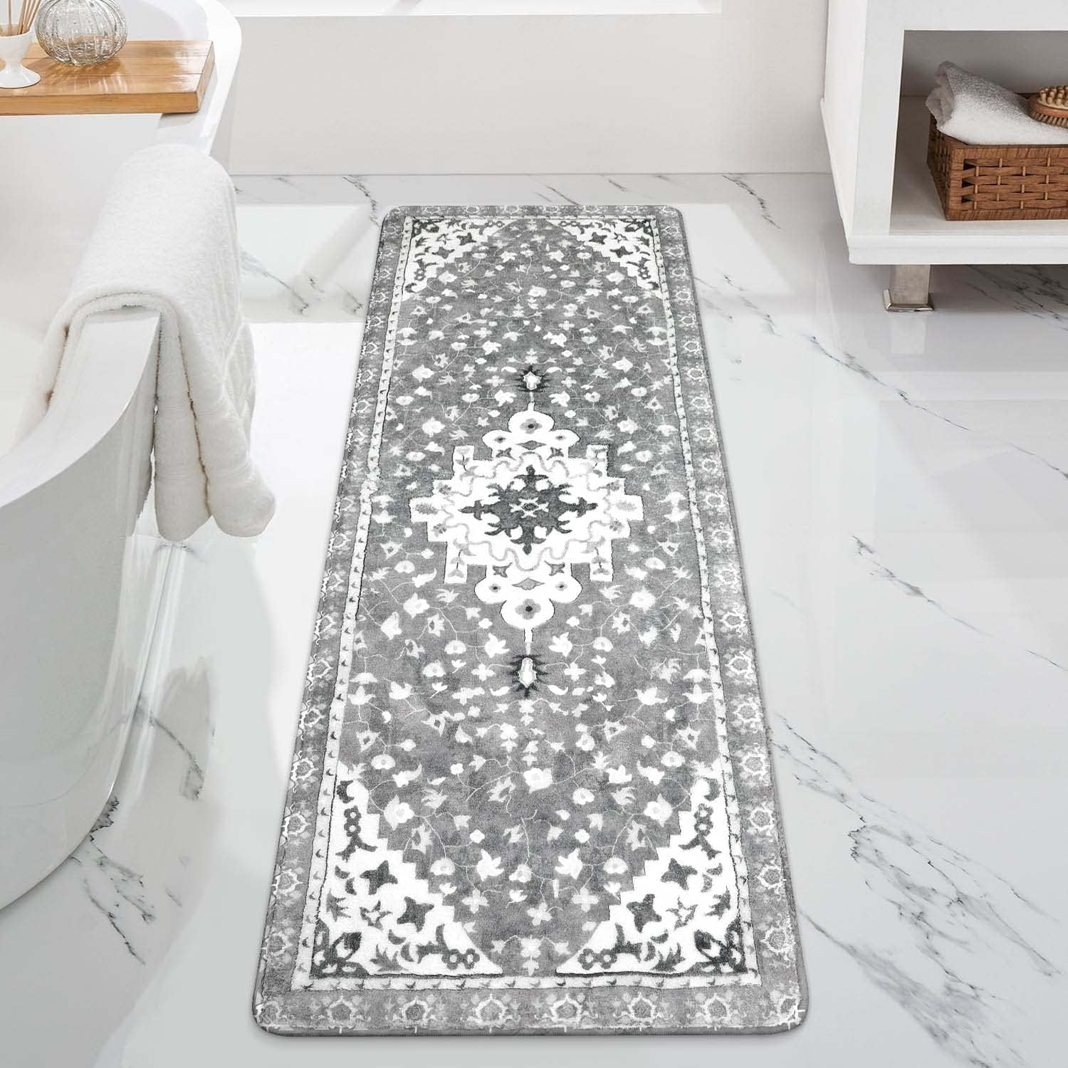 Boho Vintage Bathroom Rug Runner Gray NonSlip Soft Long Bath Mat