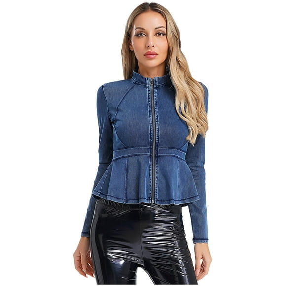 Linjinx Women's Classic Stand Collar Zipper Slim-Fit Ruffle Coat Long Sleeve Casual Light Weight Denim Jackets Blue S