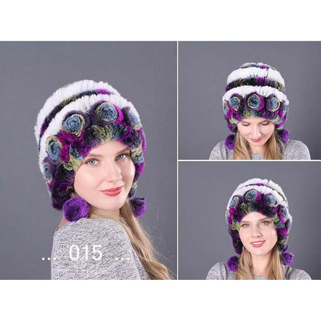Chapeaux d'Hiver pour Femmes avec Cache-Oreilles, Bonnets d'Hiver Colorés et Chauds pour Femmes, Fleurs Chaudes Rayées, Chapeaux en Velours avec Vrai Lapin, Chapeau Mode, Chapeaux d'Hiver pour Femmes avec Cache-Oreilles