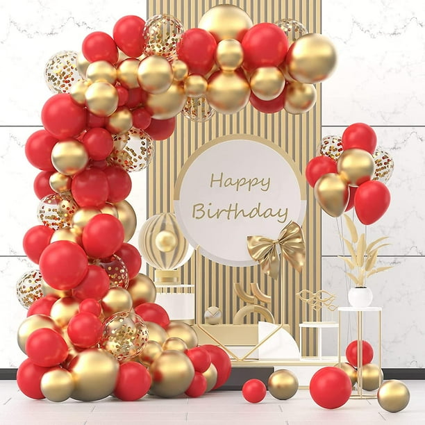 Kit de guirnalda de globos de látex rojo y dorado, 120 piezas de diferentes tamaños en pulgadas, globo de confeti y oro metálico rojo mate para compromiso, San Valentín, espectáculo nupcial
