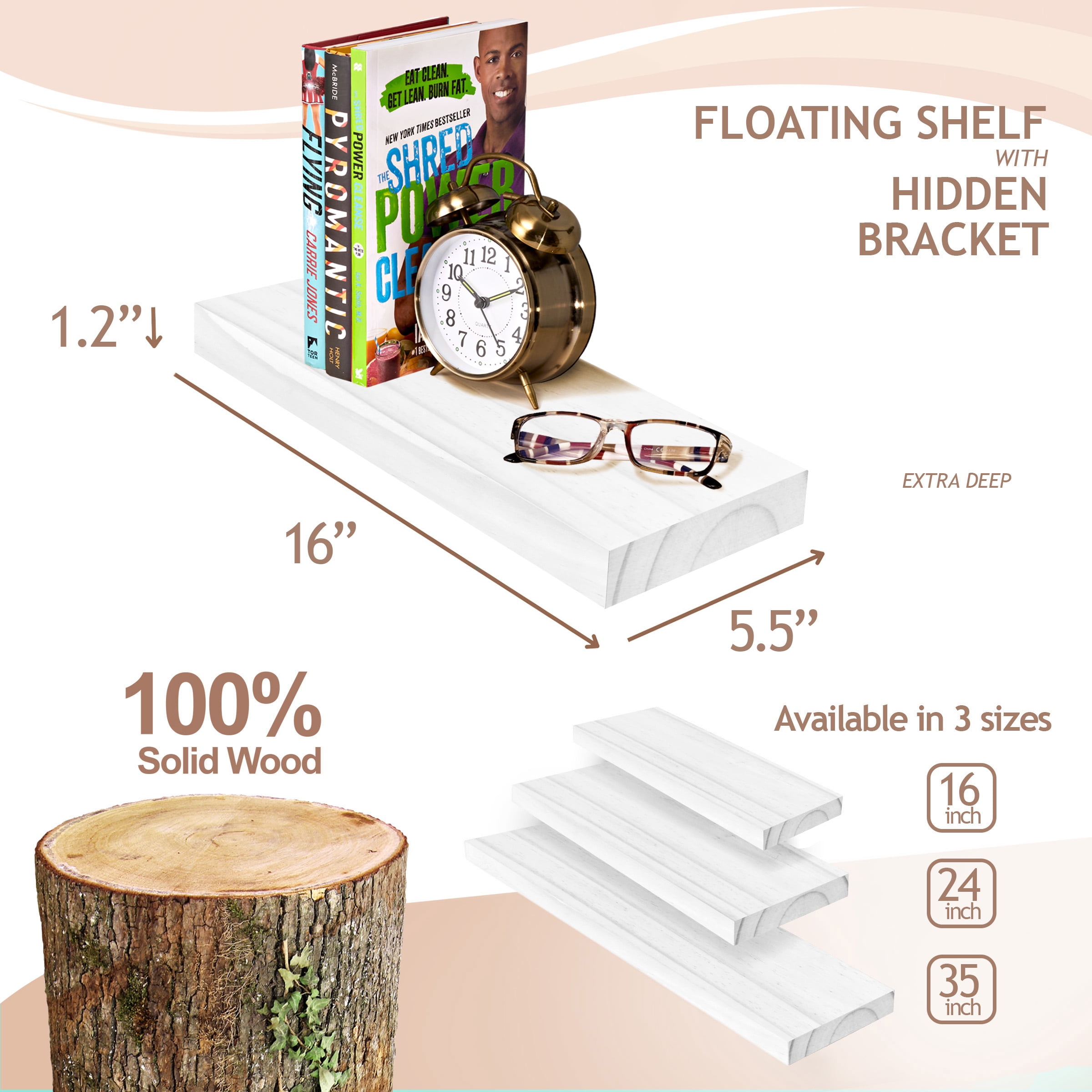 Sorbus Wood Floating Shelves for Wall - 16” Solid Wood Wall Shelves for Bathroom Decor, Books, Bedroom & Living Room - Set of 2 Wall Mounted Kitchen Shelves - Durable 100% Premium Solid Pine