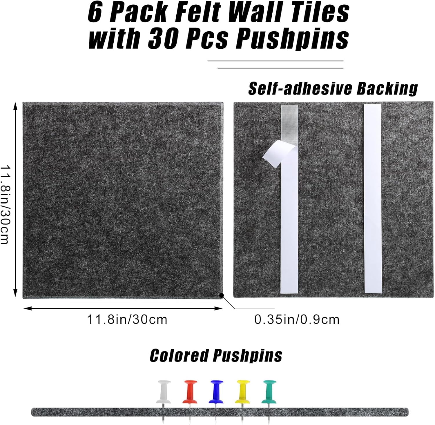 Large Cork Board 36" x 24", 6 Pack Felt Bulletin Board with 30 Pushpins, Cork Boards Alternative with Self-Adhesive Strips, Felt Wall Tiles Pin Boards for Walls Office Home School Decor-Dark Gray