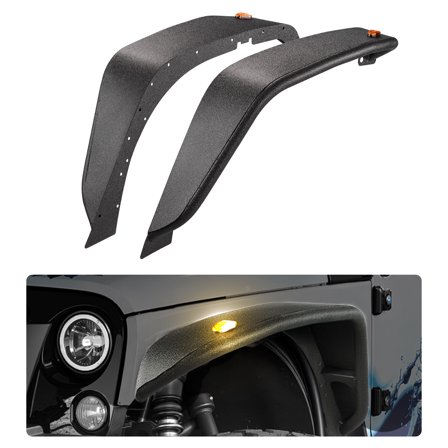VEVOR Fender Flare,Front Fender Flares Compatible with 2007-2018 Jeep JK/JKU 2/4 Doors,Off-Road Steel Liner Set with LED Lighting,Fenders for Jeep JK,Fine-Textured Black Paintable Wheel Flares Set