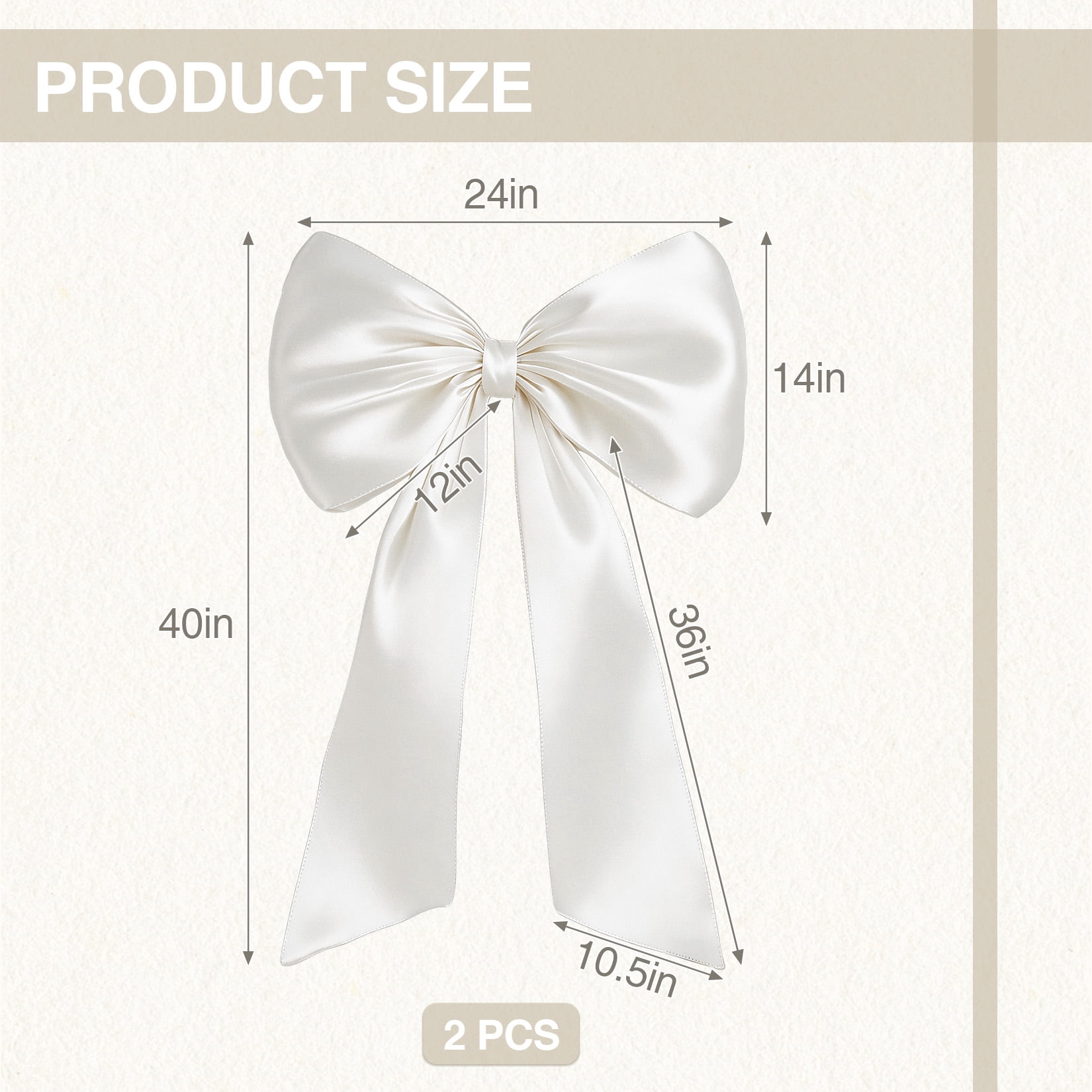 2 Pack Large Satin Bow Decorations 40 x 24 inch, Pre-Shaped Oversized Ribbon Bows for Wedding, Party, Gift Wrapping, Wall & Room Decor, Reusable, White